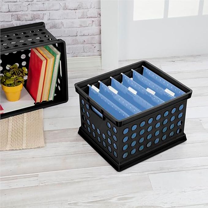 Sterilite Stackable Plastic Storage Crate Bin Organizer File Box with Handles for Home, Office, Dorm, Garage, or Utility Organization, Black, 18-Pack