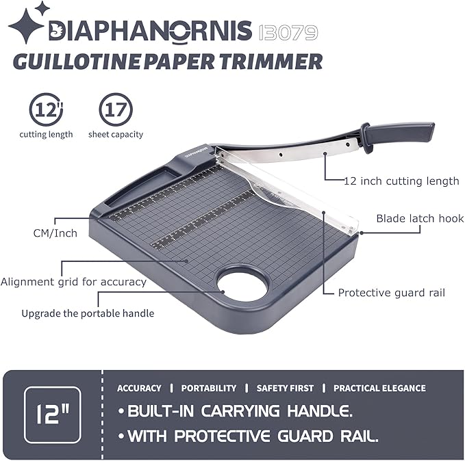 Paper Cutter,Paper Trimmer12" Cutting Length Heavy Duty Guillotine Paper Slicer with Safety Guard and Blade Lock,12 Sheets Capacity,Ideal for Offices,Homes,Printing Shops,Photo Studios (13079GREY)