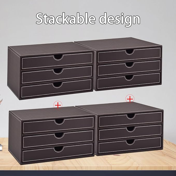 PU Leather Desk Organizer with 3 Drawers,Executive Office Supplies Desktop Filing A4 File Cabinet/Holder for Jewelry/Bill/Paper/Documents/Makeup Home Decor Stationery Storage Box,Brown