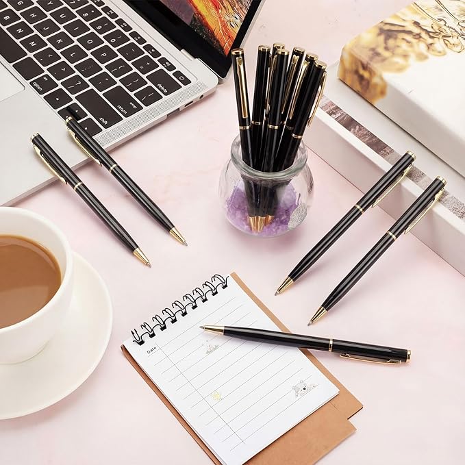 Zonon 15 Pcs Black Gold Metal Slim Ballpoint Pens Bulk Retractable Metallic Black Ink 1 mm Medium Point Smooth Writing Pens for Wedding Business Office Supplies Students Teachers Men Women Present
