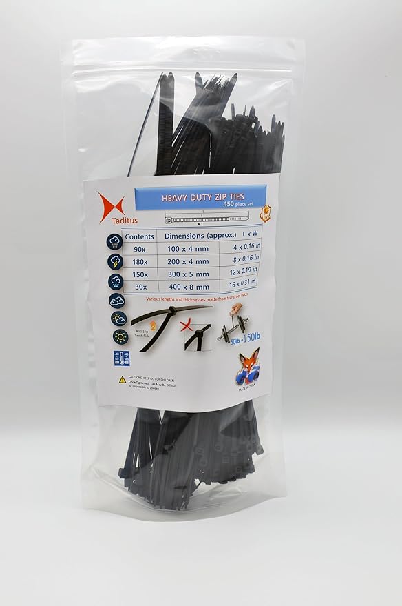 Zip Ties Heavy Duty Assorted Size, 4+8+12+16 Inch, 150 LBS Tensile Strength, 450 Pieces Pack, Self-Locking and Durable, for Indoor Outdoor Use, Black Nylon Cable Zip Ties