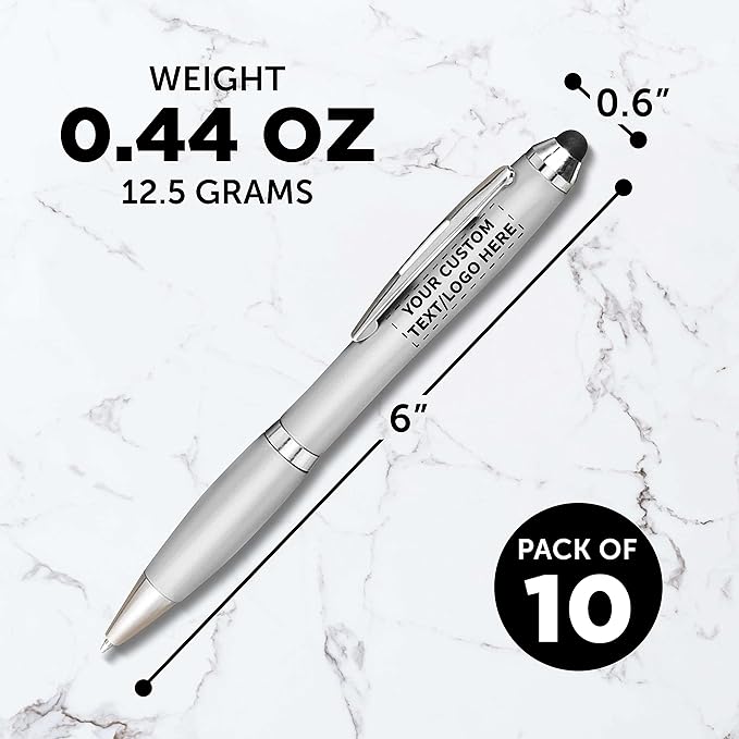 DISCOUNT PROMOS Custom Plastic Stylus Pens Set of 10, Personalized Bulk Pack - Black Ink, Great for Office, School, Business, Tradeshows, Events - Silver