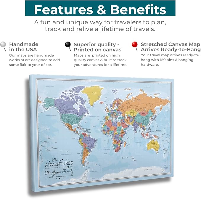 Push Pin Travel Maps Gallery Wrapped - Blue Oceans World with pins