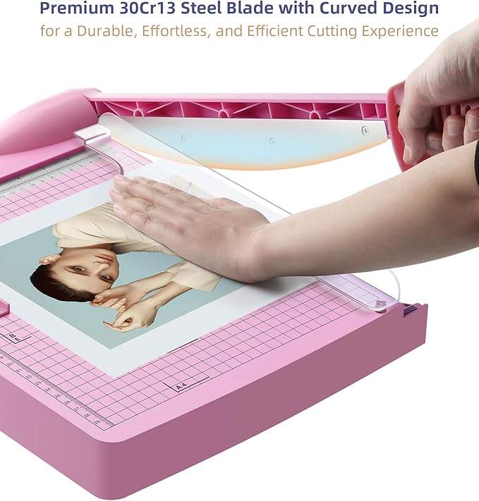 Firbon 12" Guillotine Paper Cutter, Heavy Duty 30-Sheet Capacity Trimmer for Cardstock, Photos, Scrapbooking, Office, Classroom, Studio (Pink)