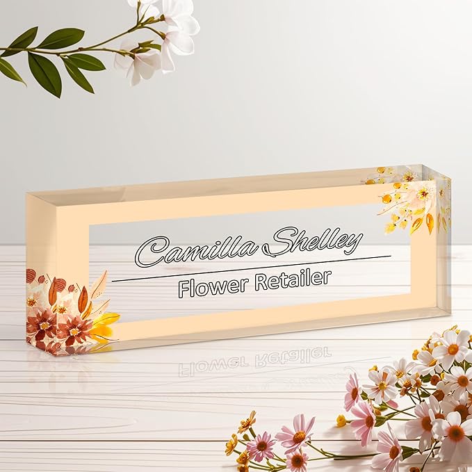 Personalized Name Plate for Desk, Custom Acrylic Desk Name Sign, Office Appreciation Gifts for Women Men Coworkers Boss Teacher Employee (Yellow-Floral)