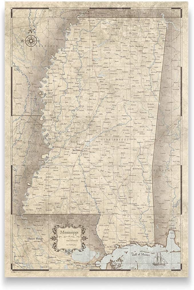 Push Pin Mississippi Map Board - With Push Pins to Mark Mississippi Travels - Handmade in Ohio, USA - Design: Rustic Vintage