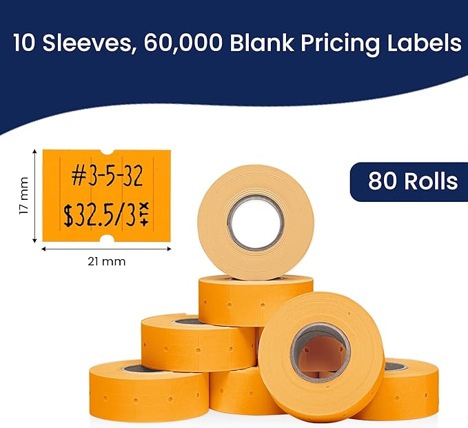 Perco 2 Line Fluorescent Orange Labels - 80 Rolls, 10 Sleeves, 80,000 Blank Price and Date Gun Labels for Perco 2 Line Price and Date Guns - Made in USA