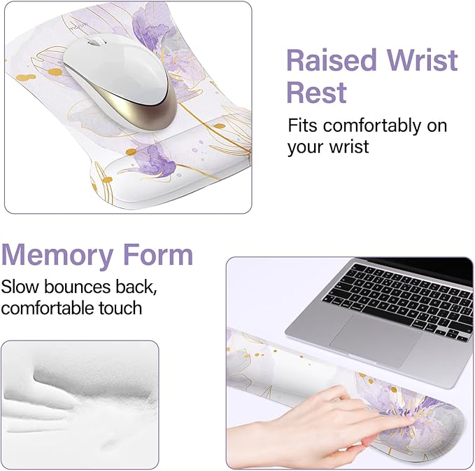 MOSISO Desk Mat Keyboard Mouse Pad Set, Large Gaming Mouse Pad&Keyboard Wrist Rest&Mousepad with Wrist Rest&Coaster, Ergonomic Non-Slip Home Office Mousepad with Memory Foam, Purple