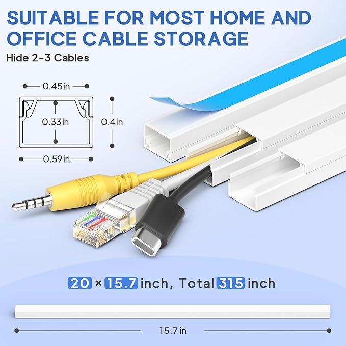 315in Cord Hider Kit, Paintable Cable Raceway, Cord Covers for Wires on Wall, Cord Hider for Wall Mount tv, tv Cable Hider Wall kit, Wire Covers for Cords, W0.59in X H0.4in, White