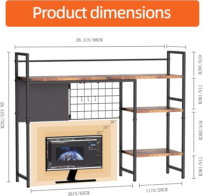 38.5" 3-Tier Desktop Bookshelf | Desk Organizer Shelf & Computer Monitor Stand | Dark Brown Home Office Storage