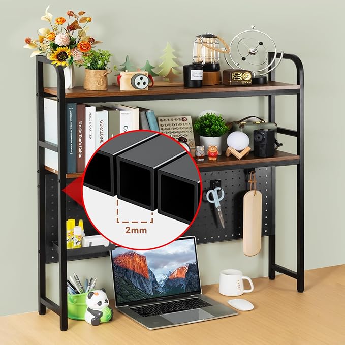 deli Desktop Bookshelf, Metal Desk Shelf Bookcase with Pegboard Hooks Set, 2 Tier Display Rack, Multipurpose Wood Desktop Hutch Storage Organizer for Dorm Office Home