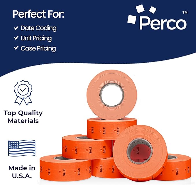 Perco 2 Line Fluorescent Red "SALE" Labels - 80 Rolls, 10 Sleeves, 80,000 Blank Price and Date Gun Labels for Perco 2 Line Price and Date Guns - Made in USA