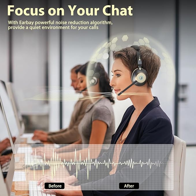 Earbay Wireless Headset, Bluetooth Headphones with Microphone Noise Canceling & USB Dongle, 50hrs Talk Time Headset with Mic Mute & Charging Dock for PC Computer Phone Teams Office Remote Work Call