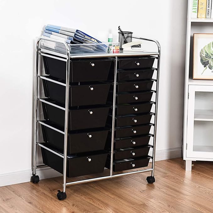 ARLIME 15-Drawer Storage Cart, 15 Drawer Trolley, Rolling Organizer Cart, Scrapbook Paper Organizer, Suitable for Office and School, Rolling Office Storage Tools (Black)