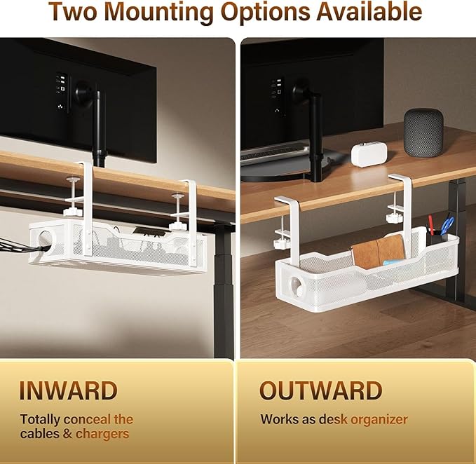 [Upgraded] Under Desk Cable Management Large, Cinati 16" Cable Management Box for Table Thickness up to 3", Wire Cord Organizer with Clamp No Drill, No Damage to Desk (White)