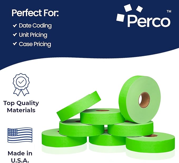 Perco Fluorescent Green Pricing Labels for Monarch 1131 Price Gun – 3 Sleeves, 24 Rolls Value Pack - 60,000 Price Marking Labels – with Ink Rolls Included