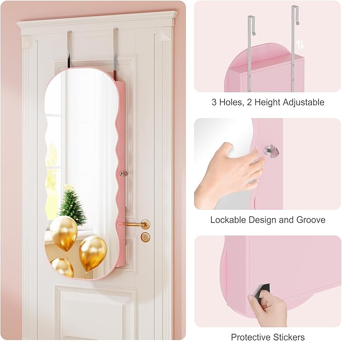 HNEBC LED Mirror Jewelry Cabinet,Wall or Door Mounted Jewelry Armoire Organizer with Lights,Lockable Wide Wavy Mirror with Storage,42.5" L Full Length Mirror with Jewelry Storage,Interior Mirror