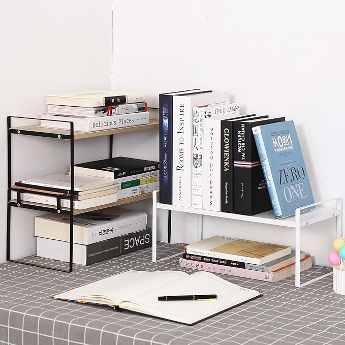 YGYQZ Wood Office Desk Shelf Organizer - Desktop Supplies Cute Dresser Top Organization Storage Rack and Cubicle Decor Aesthetic Bookshelf for Women Man and Kids (White White-Two Tier)