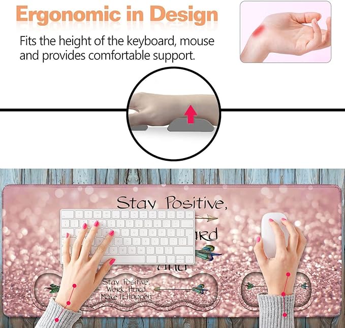 Ergonomic Keyboard Wrist Rest & Mouse Pad Wrist Rest Set, Inspirational Quote Stay Positive Work Hard and Make It Happen Pattern Large XXL Gaming Desk Mat, Memory Foam, Easy Typing Pain Relief