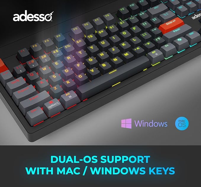 ADESSO Easytouch 1300 Mechanical Keyboard RGB Illuminated Hot Swappable Red Switches Wired Wireless Bluetooth Gaming Keyboard with Copilot AI Hotkey for Windows Mac