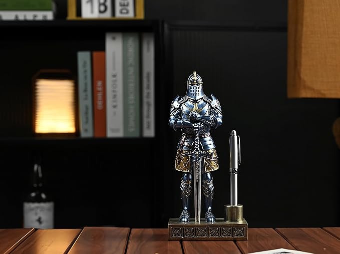 Knight Pen Stand Decoration Resin Pen Holder Art Craft Paperweight for Desktop Organizer Festival Gifts for Boyfriend Husband Dad Son(Blue)