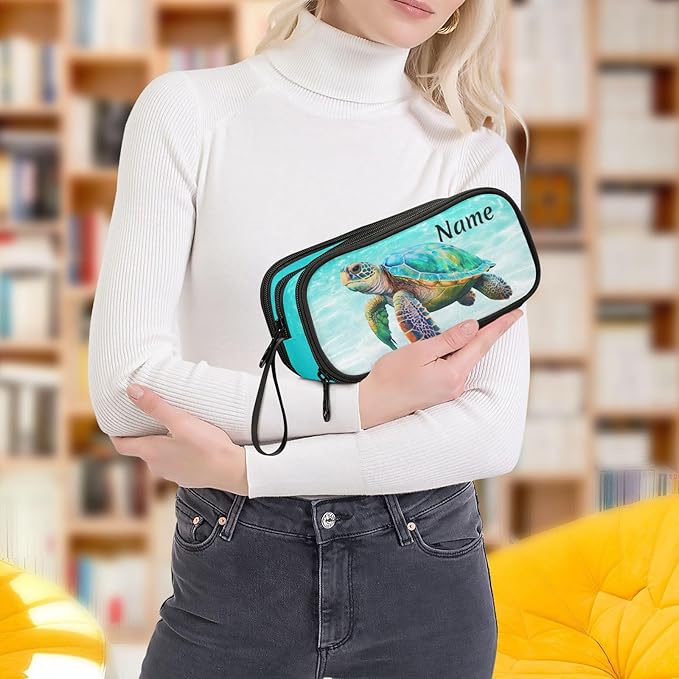 Custom Sea Turtle Teal Pencil Case Box Boys Girls Personalized Name Large Pencil Pouch Stationery Pen Bag Organizer for Kids Adults School Office