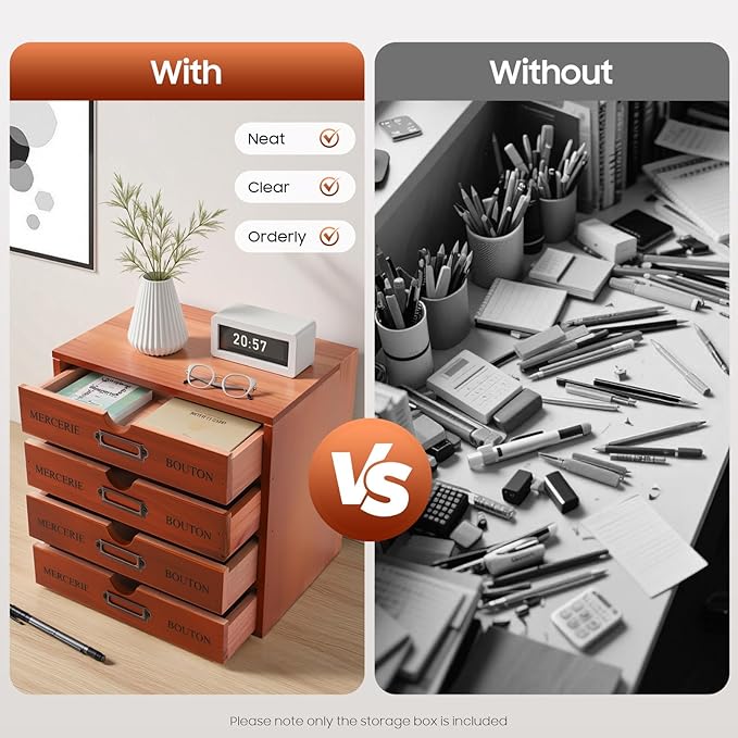 Stackable Wooden Desk Organizer with 4 Drawers Retro Brown Modular Storage Boxes for Home Office, Makeup, Stationery - No Assembly Required