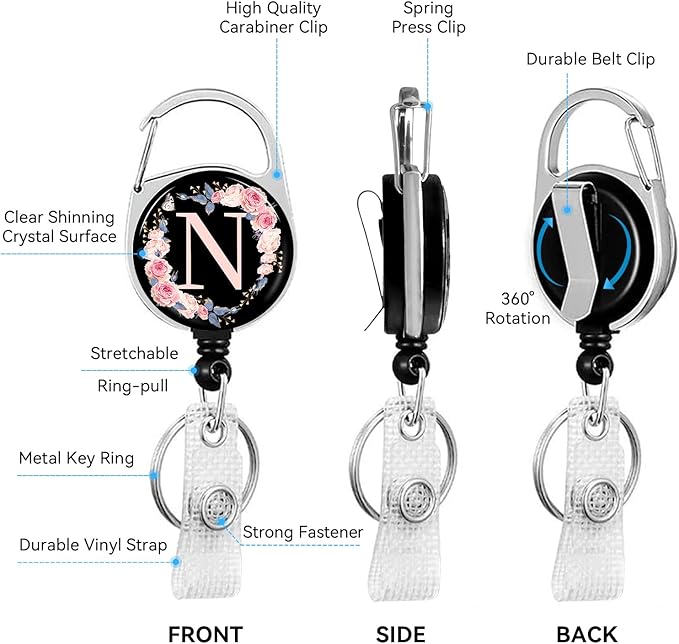2 Pack A-Z Letter ID Badge Holder with Clip Badge Reels Retractable Heavy Duty,Keychain，ID Holder for School Nurse Office N