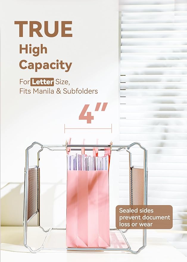 Plastic High Capacity Hanging File Folders, Letter Size, 4" Expanding Accordion Pocket with Movable Dividers, Pink Colors, Heavy Duty for Filing Cabinet, Insertable Tabs, 6 Pack