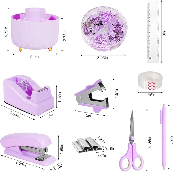 Desk Organizers and Accessories Set with 360-Degree Rotating Pen Holder, Tape Dispenser, Stapler, Staple Remover, 1000 Staples, Tape, Clips Set, Ruler, Scissor, Pen