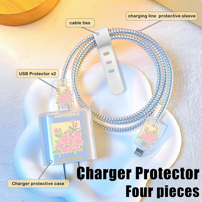 Flowers DIY Cable Protector for iPhone Adapter Charger,Cute Peach Blossom Design Transparent Data Line Cable Case, Phone Charging Protector for Apple Charger Cover