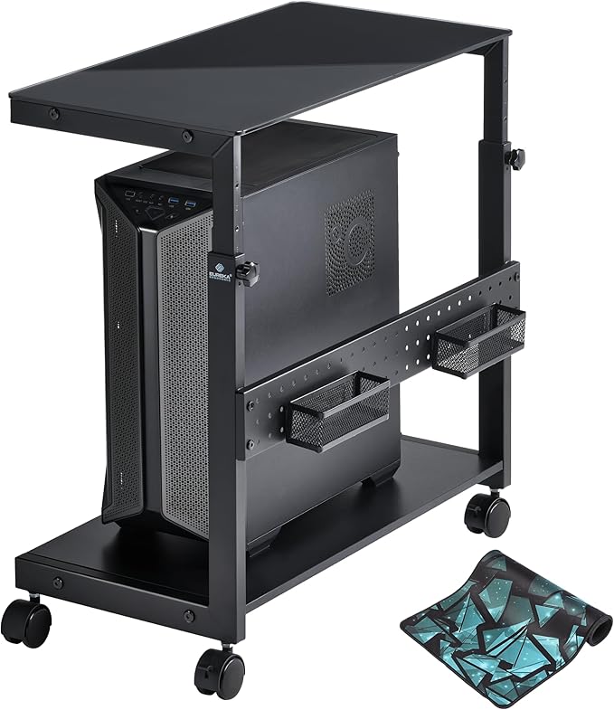 EUREKA ERGONOMIC PC Stand Computer Cart Frosted Glass, Height Adjustable Tower Stand 2-Tier Suit for ATX Case Printer, Metal Rolling Cart on Wheels for Gaming Home Office, Black