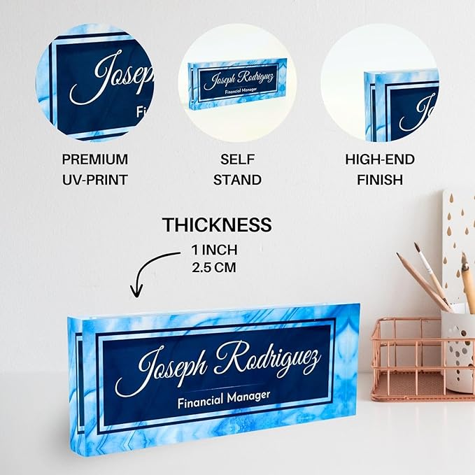 Customized Clear Acrylic Thick 8x3" Desk Name Plate Block with Personalized Logo - Professional Office Decor - Customized Acrylic Plate Gift for Teacher Co-workers, Christmas Gifts for Her, Thanksgiving Gifts (Blue Wave)
