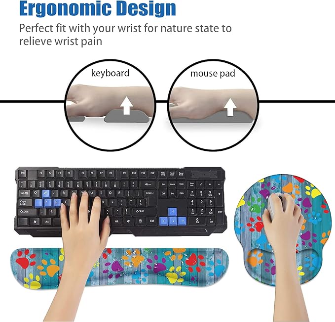 Keyboard Wrist Rest and Mouse Pad Wrist Support Set, Non-Slip PU Base Ergonomic Gaming Mousepad for Home Office Working Studying Easy Typing & Pain Relief, Rustic Wooden Board Colorful Paw Print