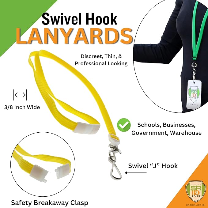 Specialist ID Bulk 100 Pack - Premium Flat Breakaway Lanyards for ID Badges & Badge Holders - 3/8" Wide Woven Safety Lanyard with Metal Swivel Hook for Teachers, Students, Cruise, Office (Yellow)