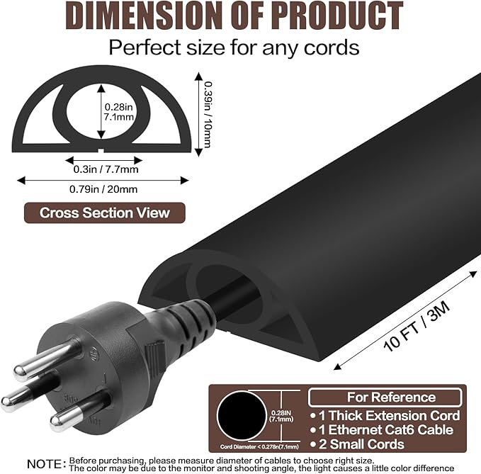 Floor Cord Cover Self Adhesive Cord Hider,10FT Cable Management, Extension Strip Protector for Wires, Prevent Cable Trips for Offices, Gyms, Exhibitions Cavity:0.3"(W) x 0.28"(H) Black