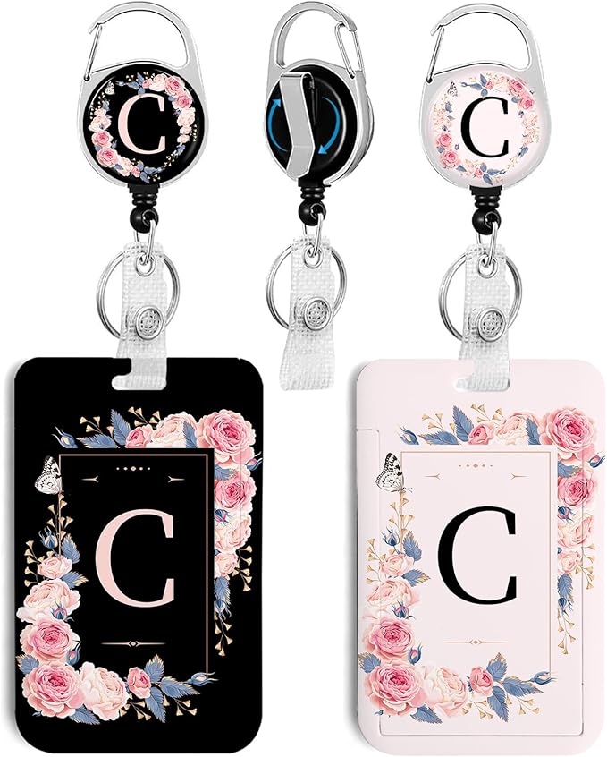 2 Pack A-Z Letter ID Badge Holder with Clip Badge Reels Retractable Heavy Duty,Keychain，ID Holder for School Nurse Office C