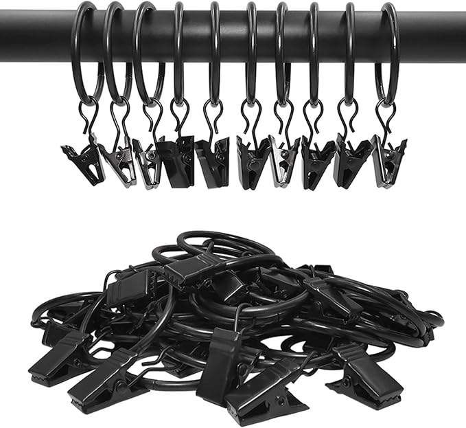 AMZSEVEN 40 Pack Curtain Rings with Clips, Drapery Clips with Rings, Drapes Rings 1.26 in Interior Diameter, Fits up to 1 in Curtain Rod, Black