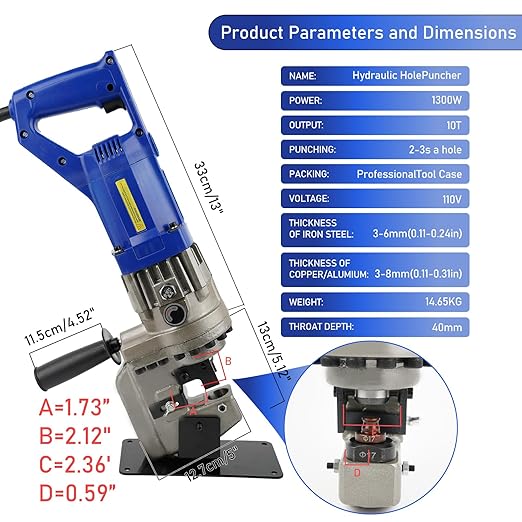 1300W Electric Hydraulic Hole Puncher, 110V Hydraulic Press Punching Tool, Metal Electric Punching Machine with Die Φ1/4" 3/8" 1/2" 11/16" 4/5", for Steel, Aluminum, Copper