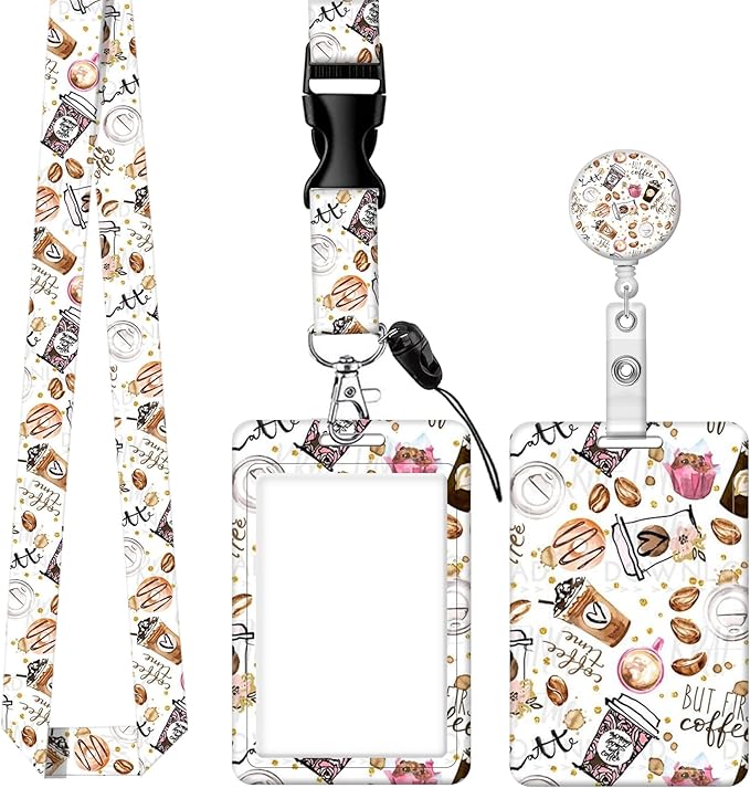 BLOCIT ID Badge Holder with Lanyard and Retractable Badge Reel Clip, Cute Card Name Tag Lanyard Vertical ID Protector Bage Clips for Nurse Doctor Teacher Student（I Love Coffee）
