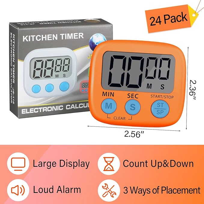 Weewooday 24 Pcs Digital Kitchen Timer Magnetic Timer Bulk On/Off Switch Minute Second Count up Countdown Loud Alarm for Exercise Cook Baking (Pink,Orange)