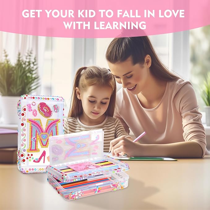 1PCS Clear Pencil Case, Plastic Pencil Box, Large Crayon Box, Craft Organizers and Storage, School Supplies for Boys and Girls with Stickers and Kit (Letter M Set)