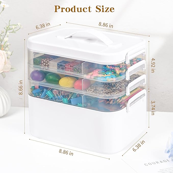 3-Tier Art Supply Storage Container, Stackable Craft Organizer Box with Dividers, Clear Plastic Storage Case for Markers, Toys, Coloring Books (Four-Layer)