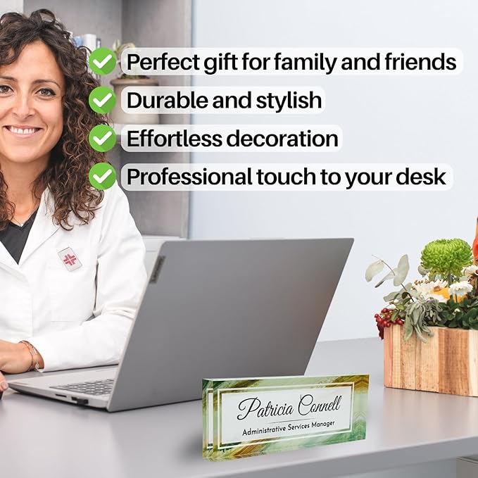 Customized Clear Acrylic Thick 8x3" Desk Name Plate Block with Personalized Logo - Professional Office Decor - Customized Acrylic Plate Gift for Teacher Co-workers, Christmas Gifts for Her, Thanksgiving Gifts (Green Wave)