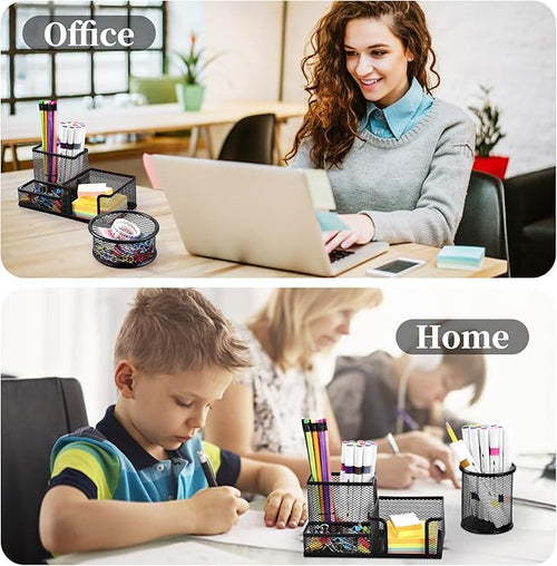 2-Piece Desk Pen & Pencil Organizer - Mesh Metal Pen Cup with Sticky Notes Holder, Black