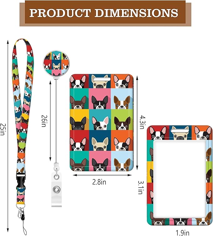 BLOCIT ID Badge Holder with Lanyard - Fashionable ID Card Holders with Retractable Lanyards - Soft Fiber Metal Clip Sturdy Buckle for Key Wallet - Work Nurse Teacher (Cute Fun Boston Terrier Dog)