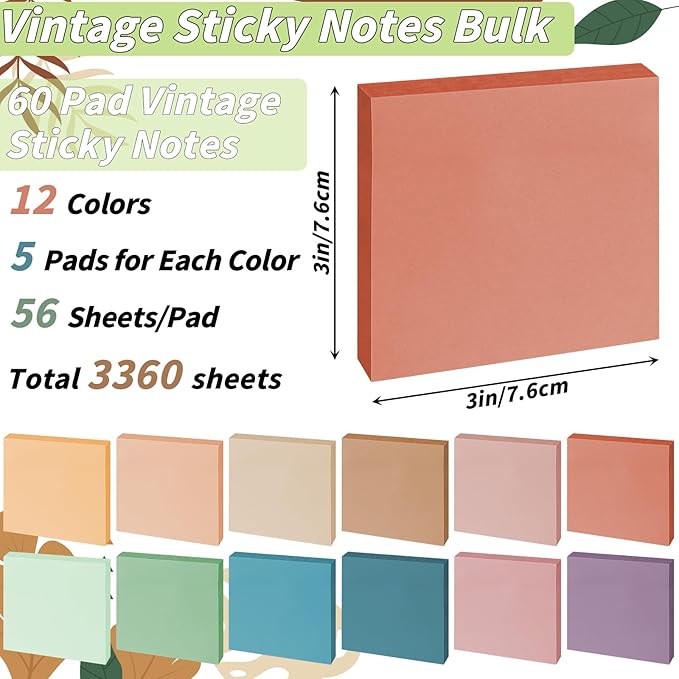 60 Pack Vintage Sticky Notes 3x3 12 Retro Colors Posted Note Adhesive Paper Memo Pads 56 Sheets/Pad Self-Stick Note Bulk Easy to Stick for Back to School Teacher Student, Office Supplies