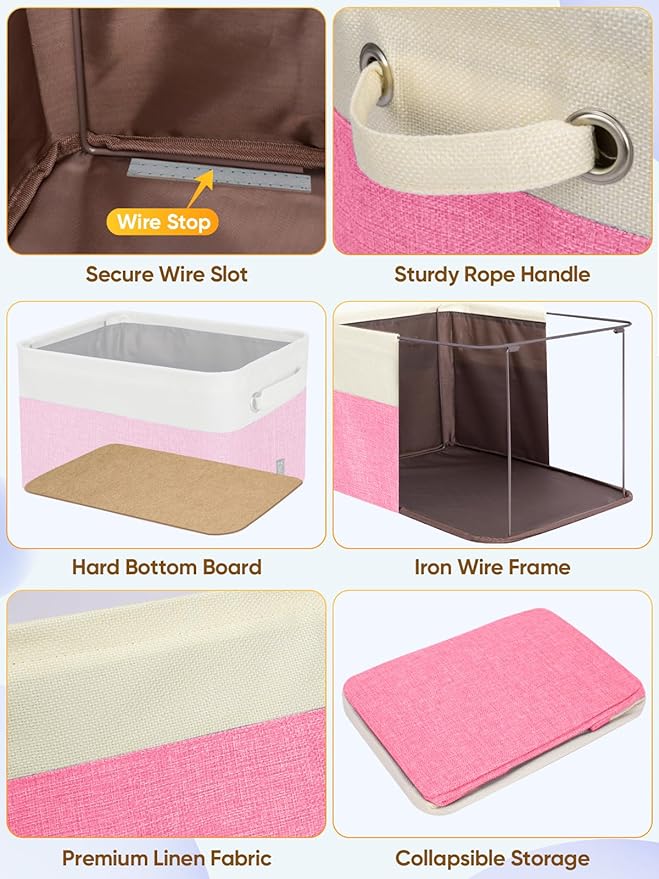 BALEINE 3 Pack Fabric Storage Bins for Shelves, Linen Storage Baskets for Organizing, Decorative Closet Bins for Clothes, Home (Pink, 14''x10''x8.5')