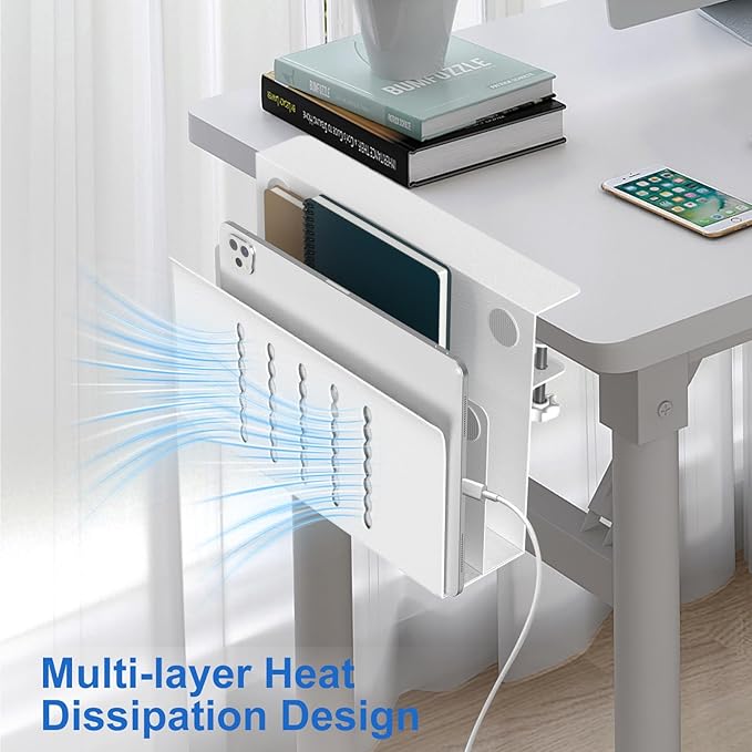 HAMOPY Desk Side Storage, 2 Tier Steel Hanging Desk Organizer with Magnetic Pen Holder, No Drilling Standing Desk Drawer Cable Management Tray, Under Table Laptop Holder for Office, School&Home(White)