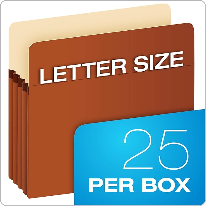 Pendaflex Expanding File Pockets, Letter Size, Redrope, 3.5" Expansion, Reinforced with DuPont™ Tyvek® Material, Redrope, 25 per Box (1524E-OX)